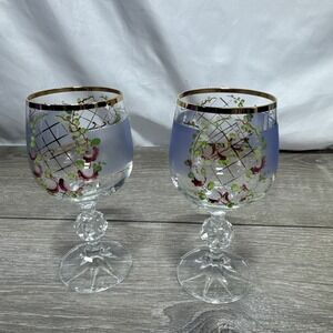 Vintage Bohemian Crystal Enameled Colored Wine Goblets Blue Glasses 2x